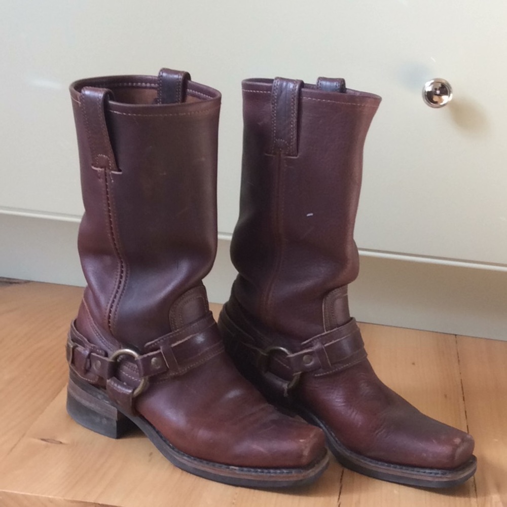 Frye Brown Leather Harness Moto Boots